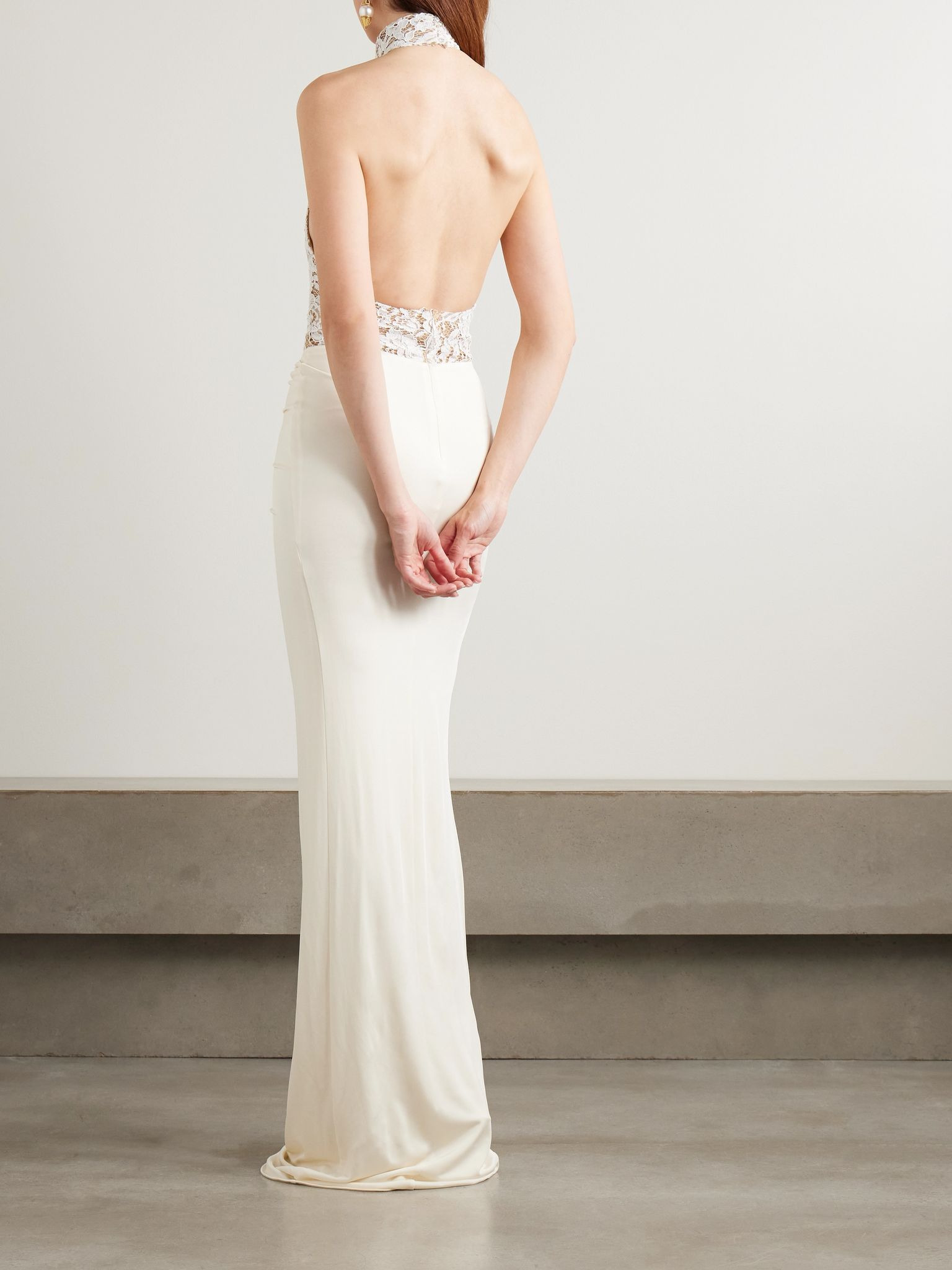 Cass gathered lace-trimmed satin-jersey halterneck gown White - 3