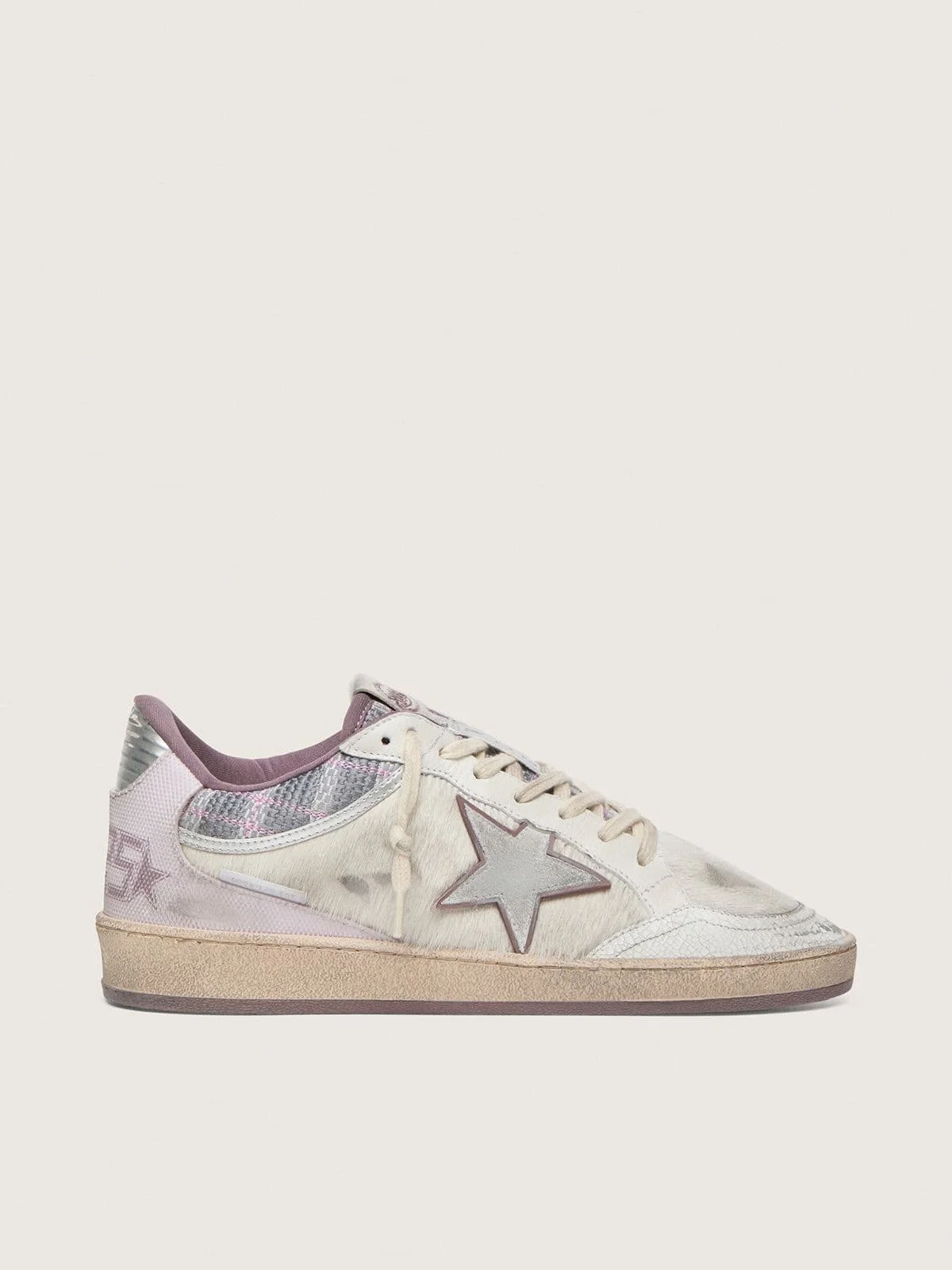 Women’s Ball Star LAB in white nylon and pony skin with silver star and lilac inserts - 1
