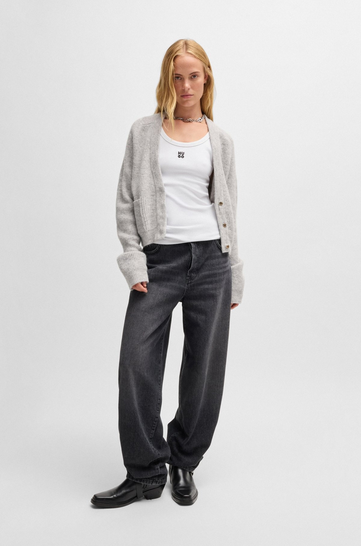 RELAXED-FIT V-NECK CARDIGAN WITH STACKED LOGO - 3