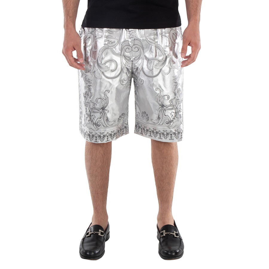 Versace Men's Silver Baroque Print Silk Twill Shorts - 3