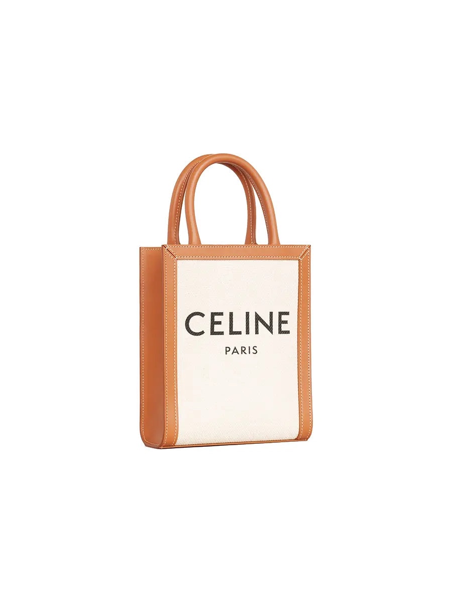 Mini Vertical Cabas Celine in Textile with Celine Print and Calfskin in Tan - 2