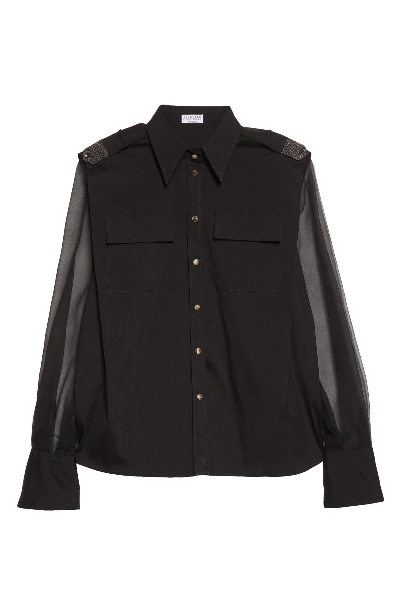 Brunello Cucinelli Monili Trim Mixed Media Blouse in C101 Black at Nordstrom - 1