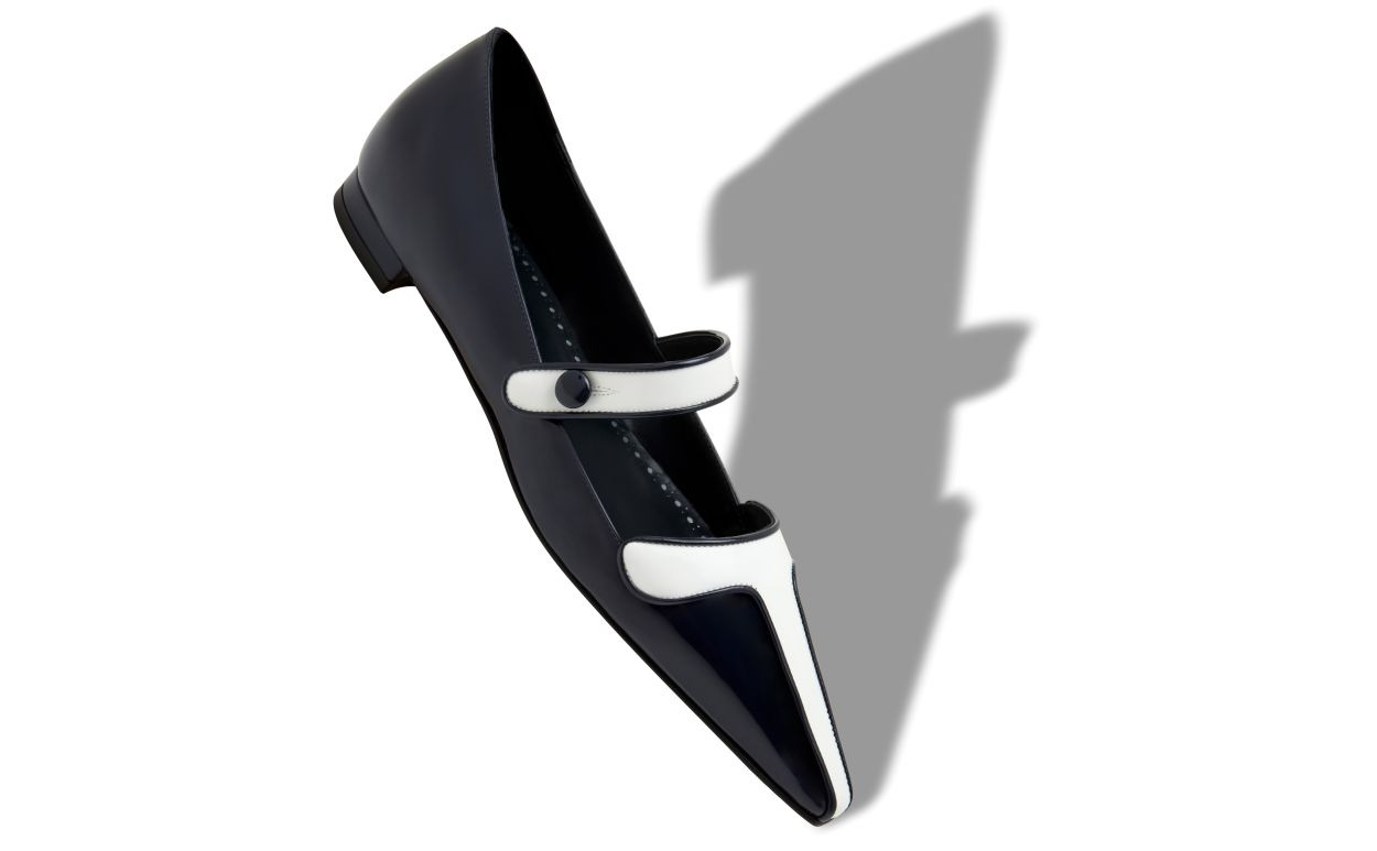 Navy Blue and White Patent Leather Mary Jane Flat Pumps - 2