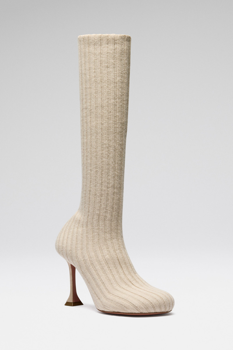 Amina Muaddi VENEDA STRETCH BOOT BEIGE FUZZY RIBBED KNIT outlook