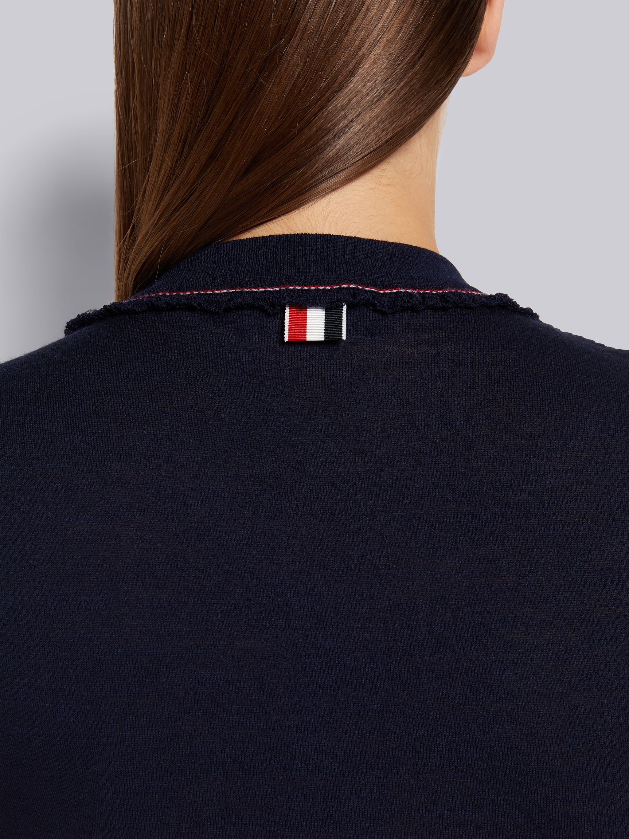 Navy Lightweight Wool Crepe Stripe Ruffle Trim Chest Pocket Shell Top - 6