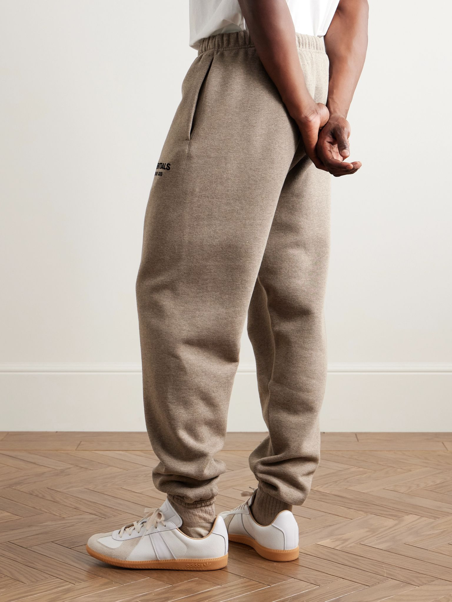 Tapered Logo-Appliquéd Cotton-Blend Jersey Sweatpants Taupe - 4