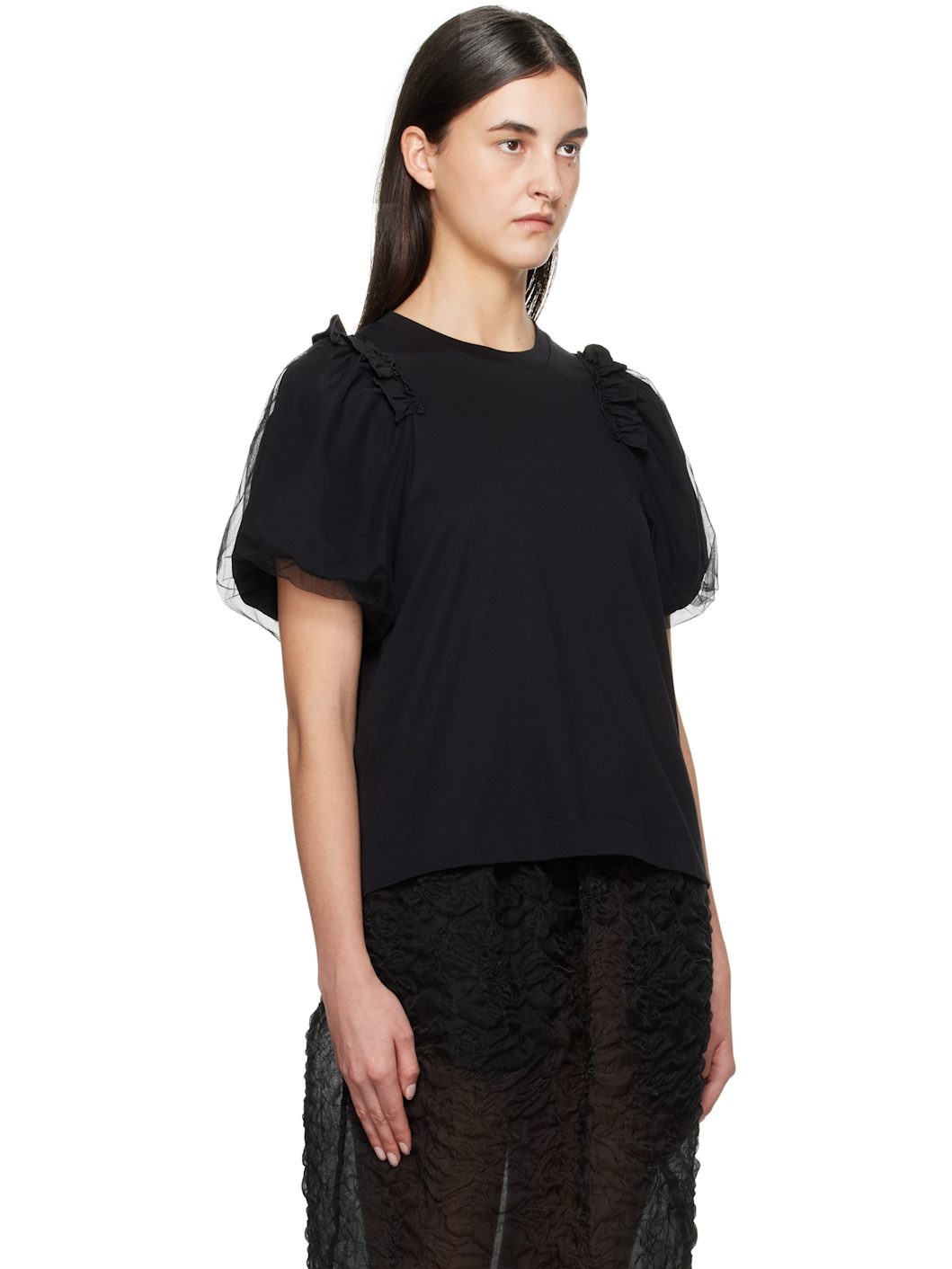 Black Tulle Overlay Puff Sleeve Frill T-shirt - 2