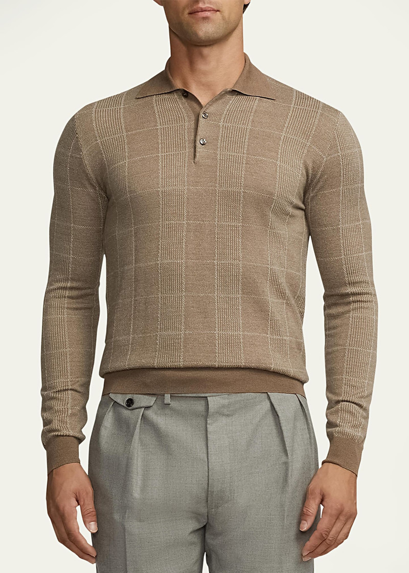 Men's Glen Plaid Cashmere-Silk Polo Sweater 4