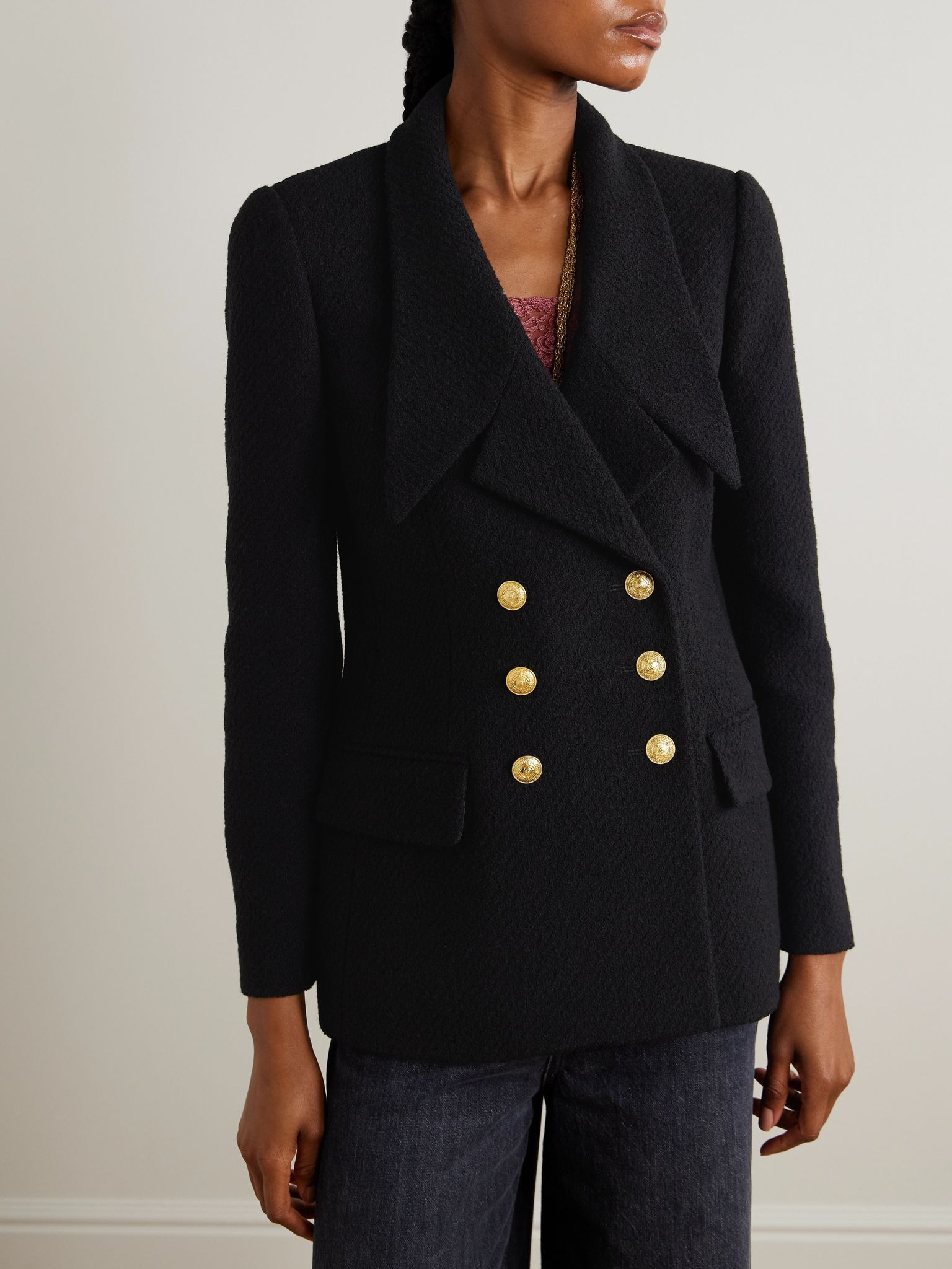 Double-breasted wool-blend bouclé blazer Black - 3
