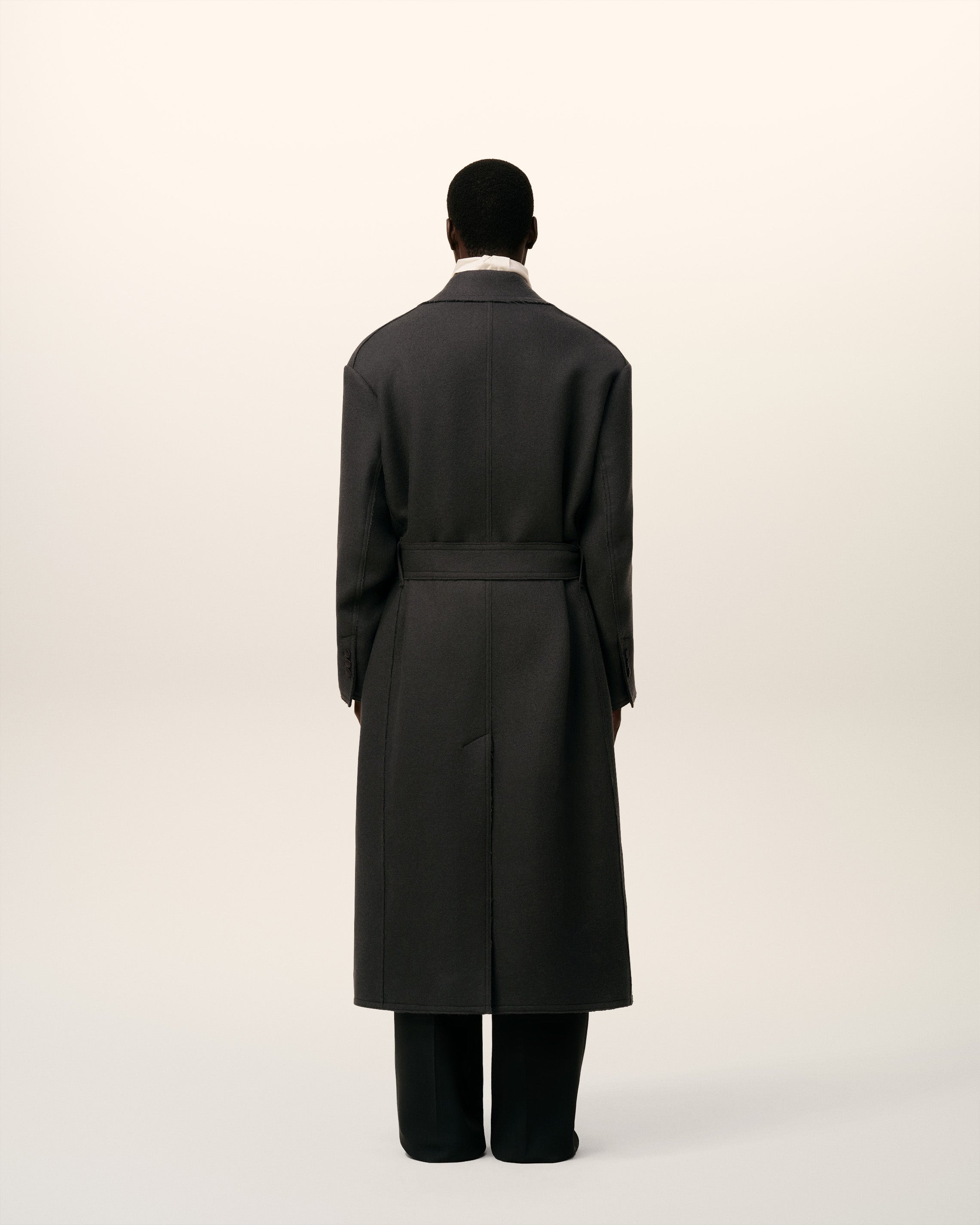 BLACK WOOL SMOCKING DOUBLE BREASTED LONG COAT - 5