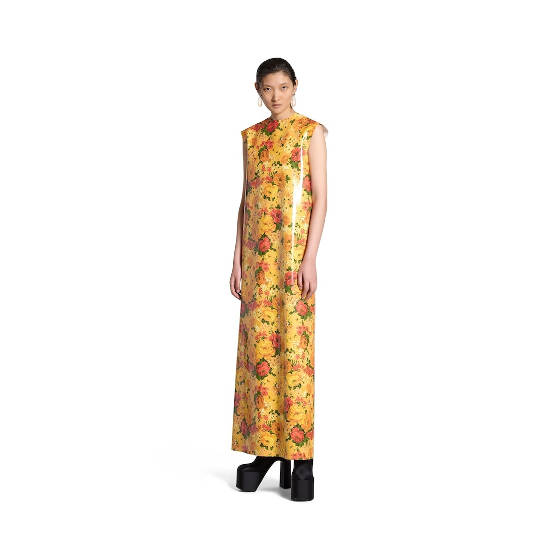 Women's Faux Vinyl Floral Sleeveless Dress in Orange - 2