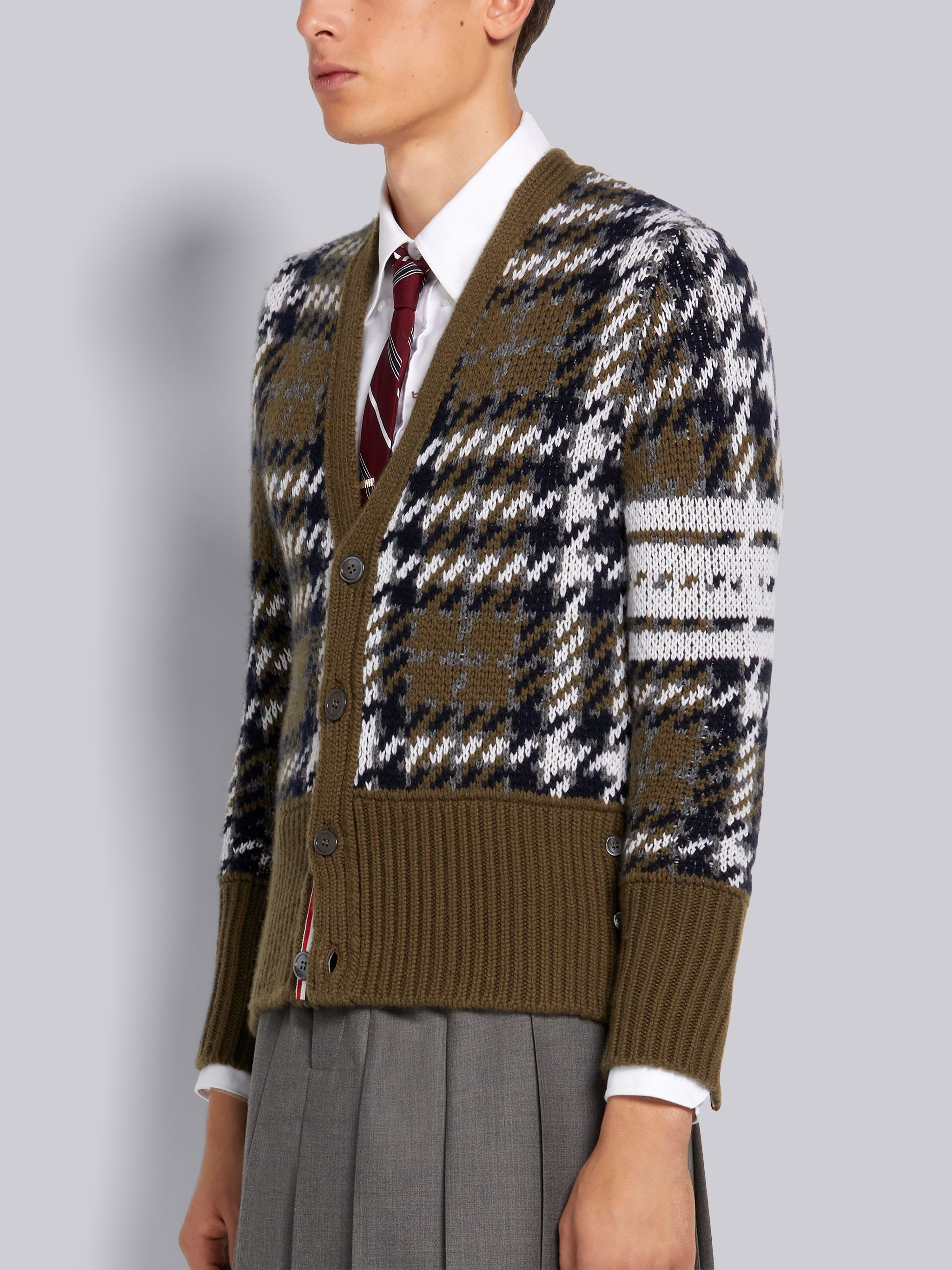 Dark Green Windowpane Check Jacquard Cashmere 4-Bar Stripe Classic V-Neck Cardigan - 2