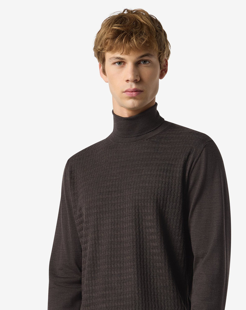 Brown ultra-fine 120's wool turtleneck with wavy stitch 5