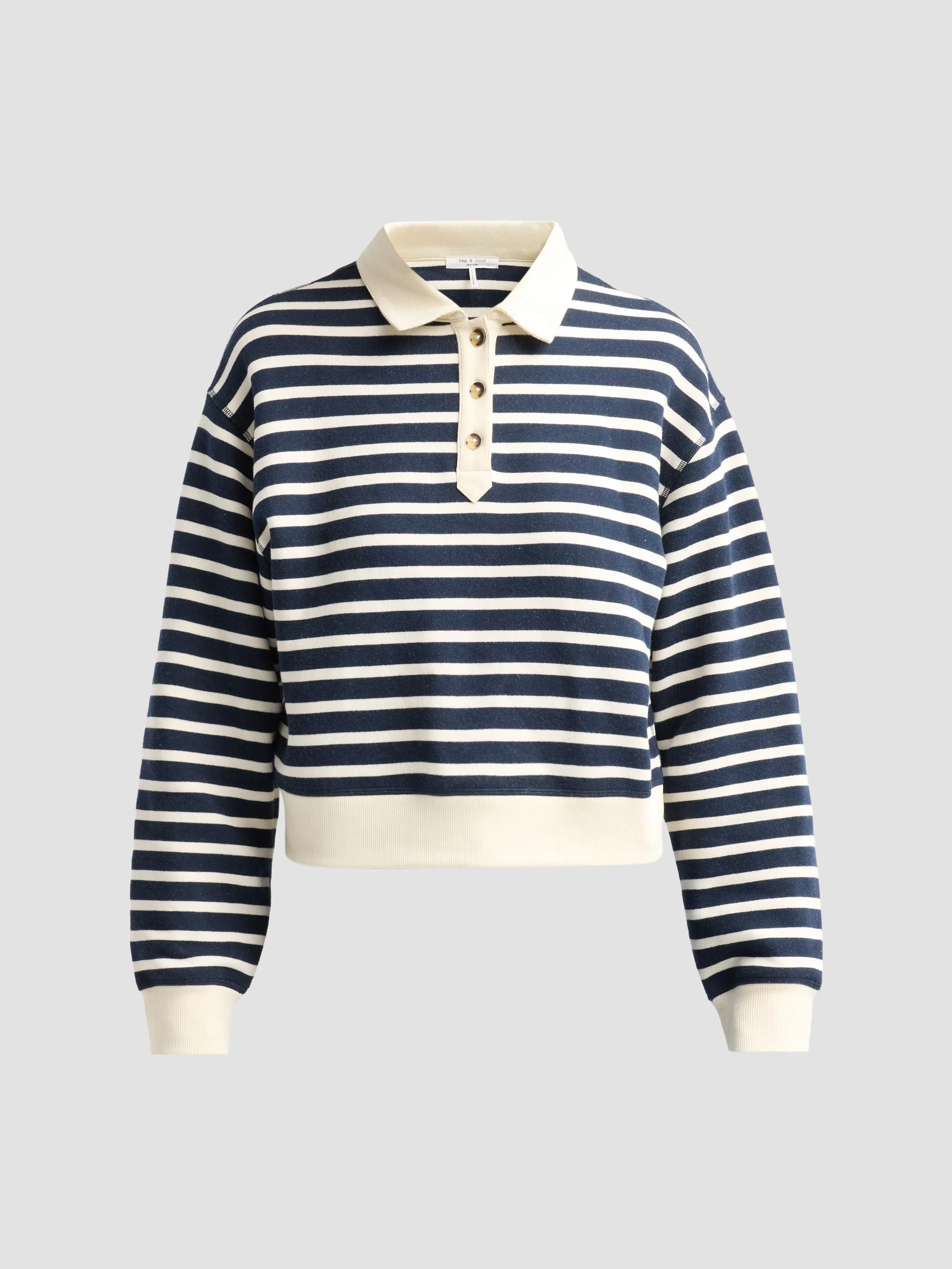 Women's Vintage Striped Cotton Terry Polo Sweatshirt - Navy Ivory Multi - 1