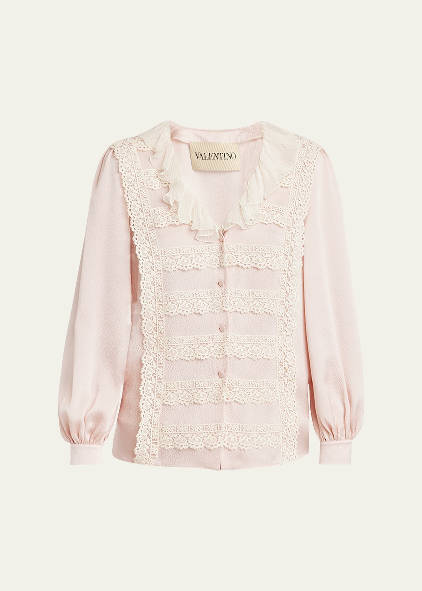 Ruffle V-Neck Lace Trim Silk Shirt - 1