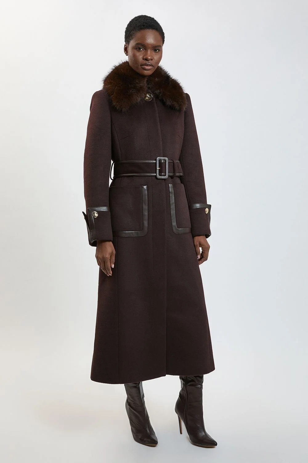 Faux Fur Collar Textured Belted Midi Coat - 1