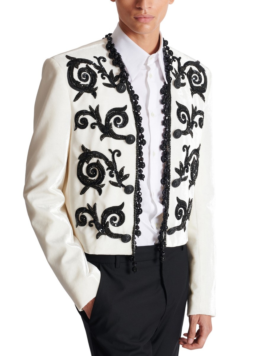 Cropped embroidered velvet jacket - 8