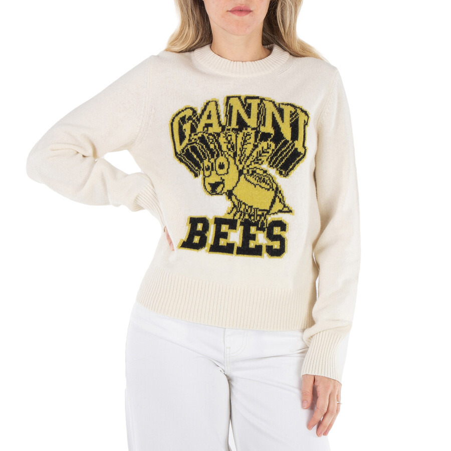 Ganni Egret Logo Intarsia Graphic Bees O-Neck Pullover - 3