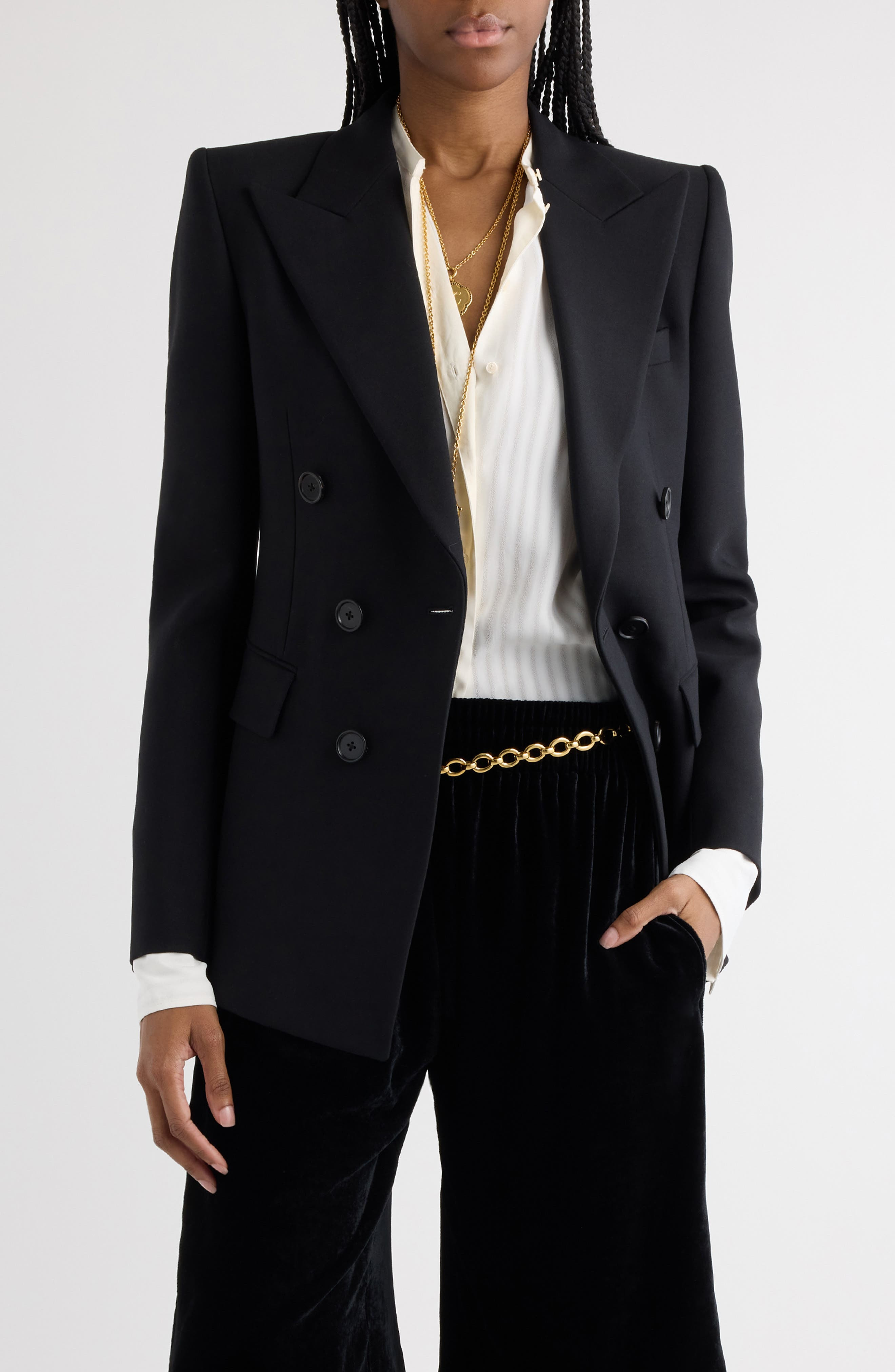 Chloé Double Breasted Virgin Wool Grain de Poudre Blazer in Black at Nordstrom - 1