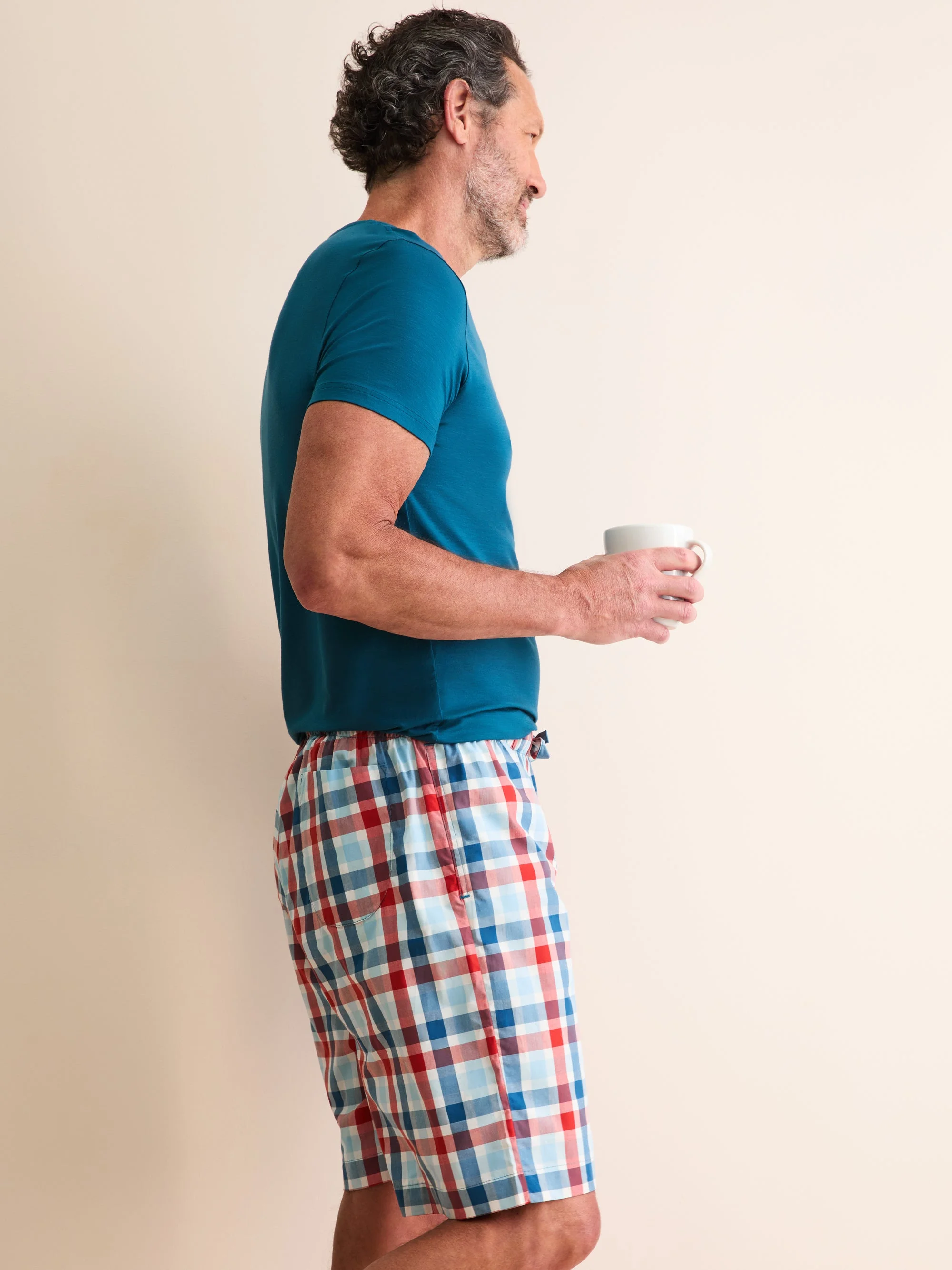 Men's Lounge Shorts Barker Cotton Teal & Red Check - 1