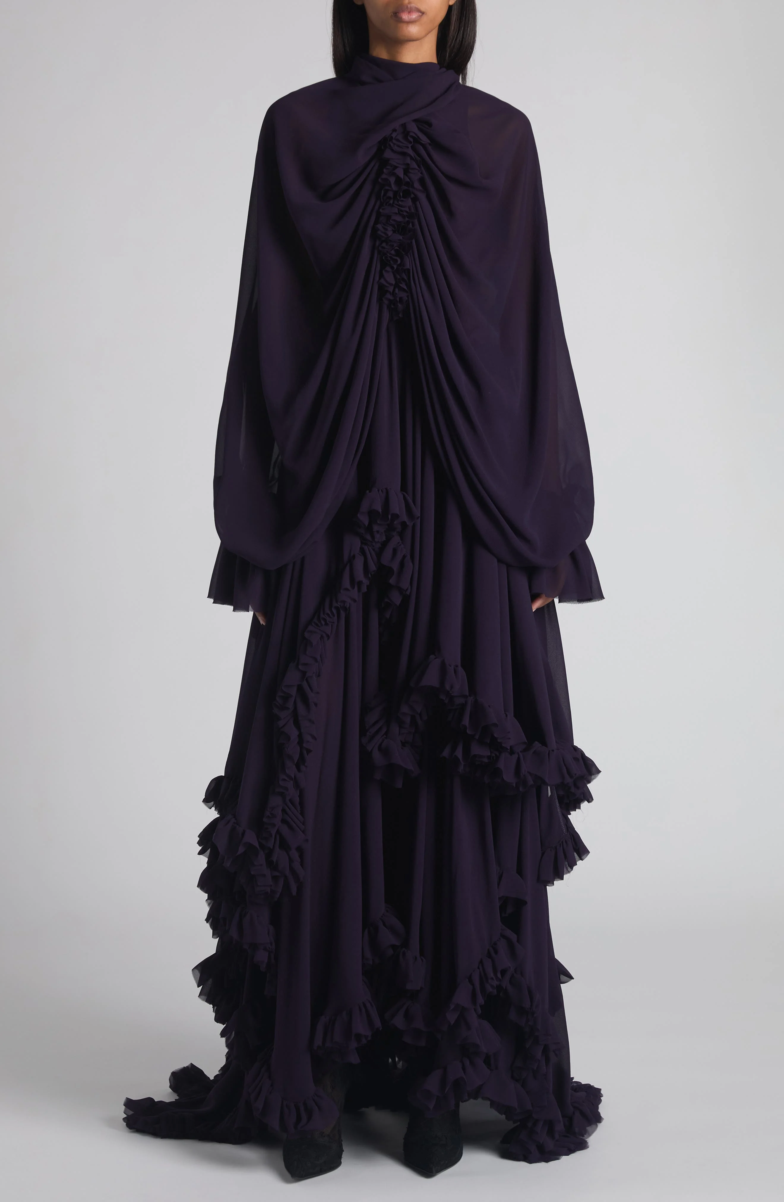 McQueen Draped Ruffle Long Sleeve Silk Georgette Gown in Violet at Nordstrom - 1