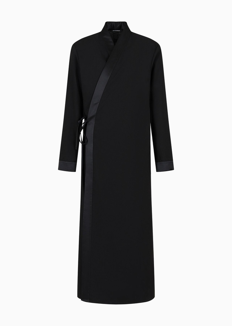 Crisp-feel tropical virgin light wool overcoat with robe fastening 1