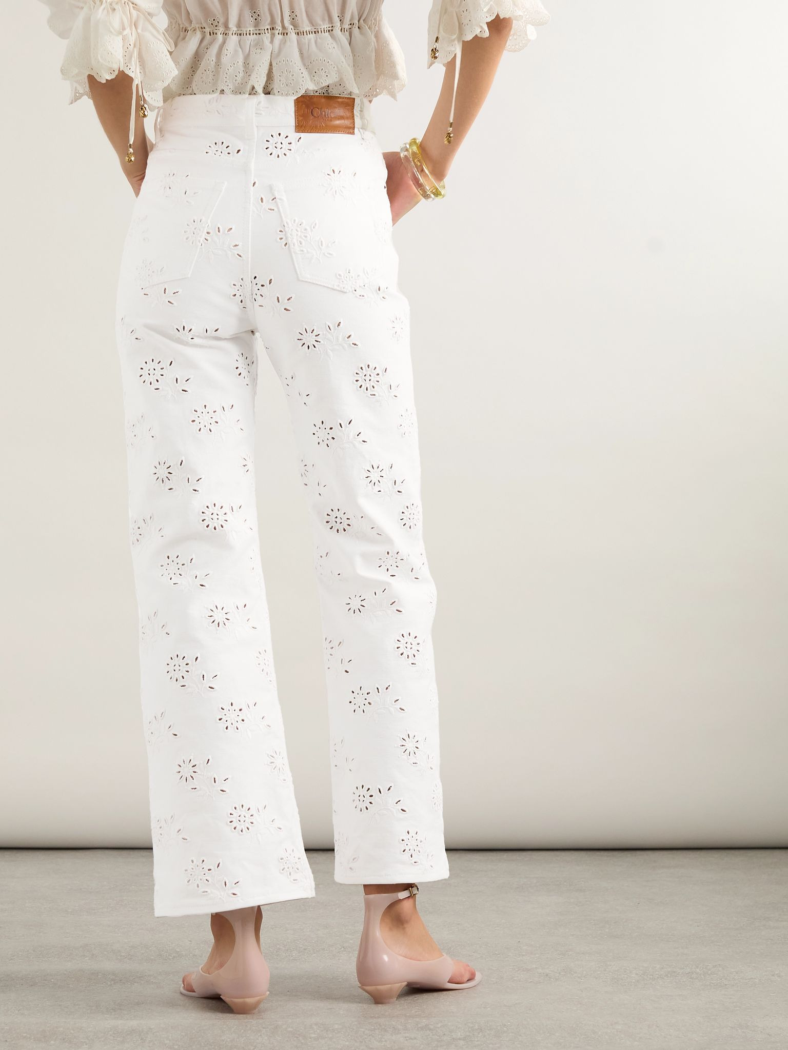 High-rise straight-leg broderie anglaise organic jeans White - 3