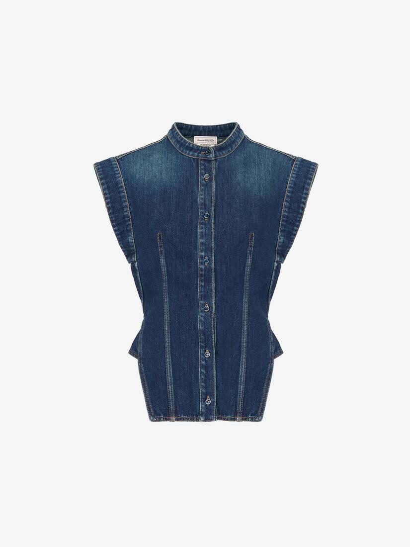 Women's Cap Sleeve Denim Shirt in Indigo - 2