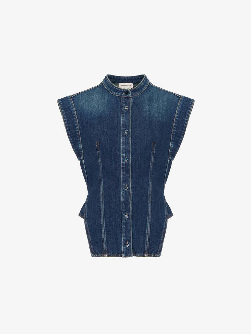 Women's Cap Sleeve Denim Shirt in Indigo 2