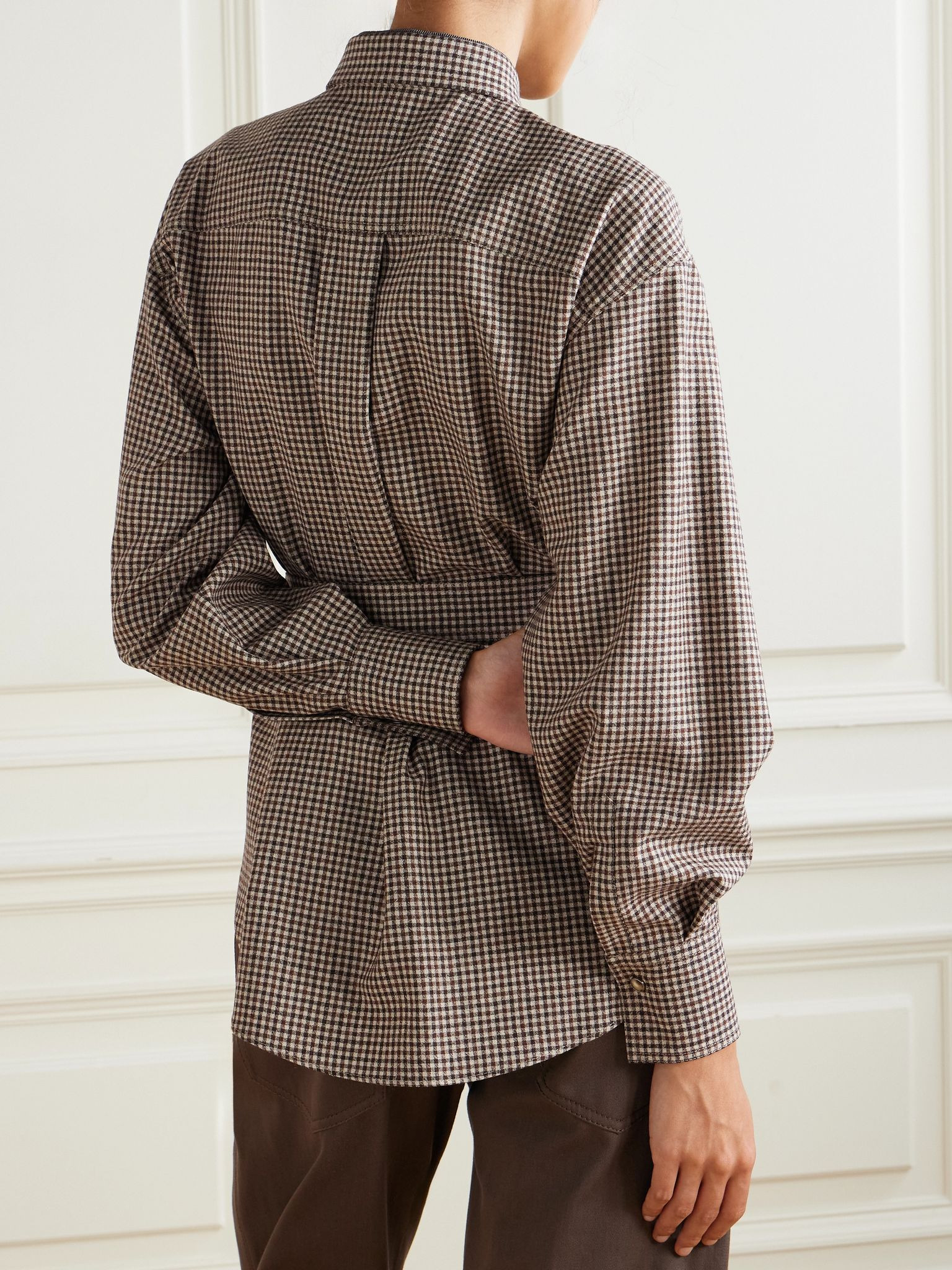 Belted bead-embellished checked wool shirt Beige - 3