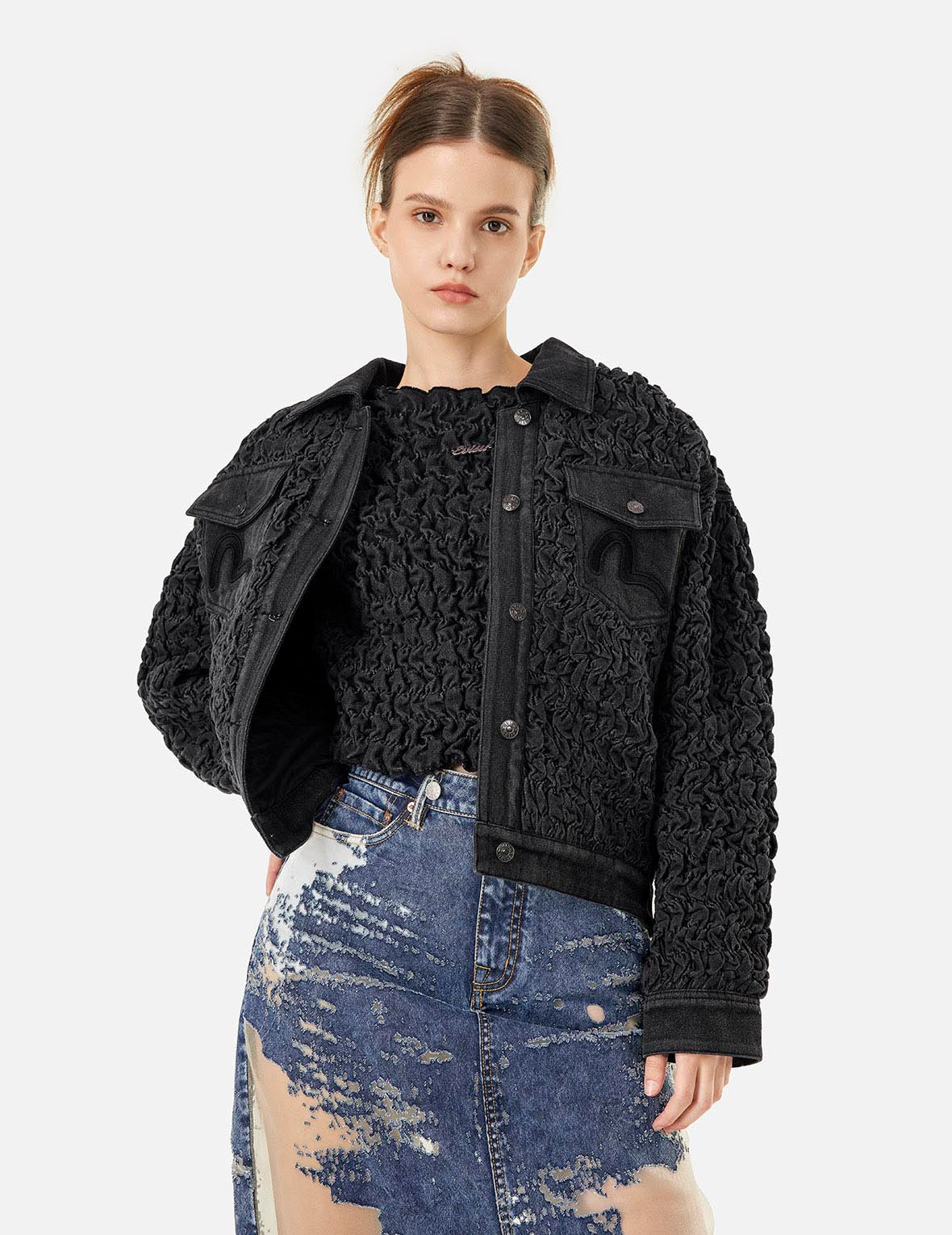 SEAGULL EMBROIDERY TEXTURE OVERSIZED DENIM JACKET - 5