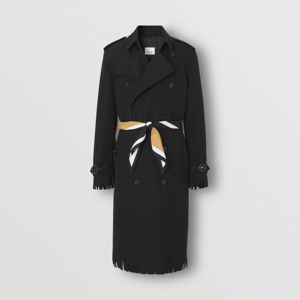 Scarf Detail Fringed Wool Twill Trench Coat - 2