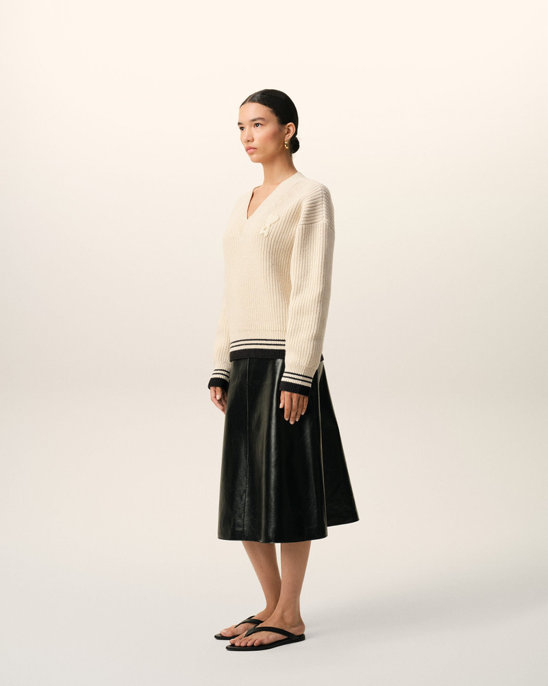 WHITE RIBBED WOOL V NECK AMI DE COEUR SWEATER 6