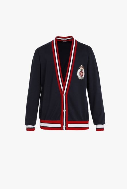 Black, red and white cotton cardigan with embroidered Balmain badge - 1