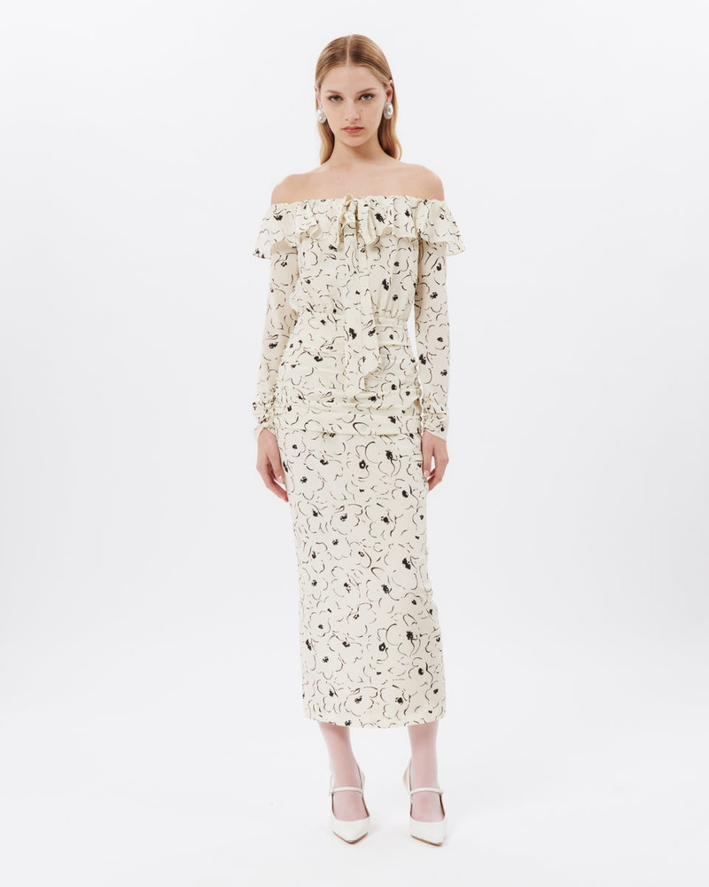 FLORAL PRINT SILK OFF THE SHOULDER DRESS 4