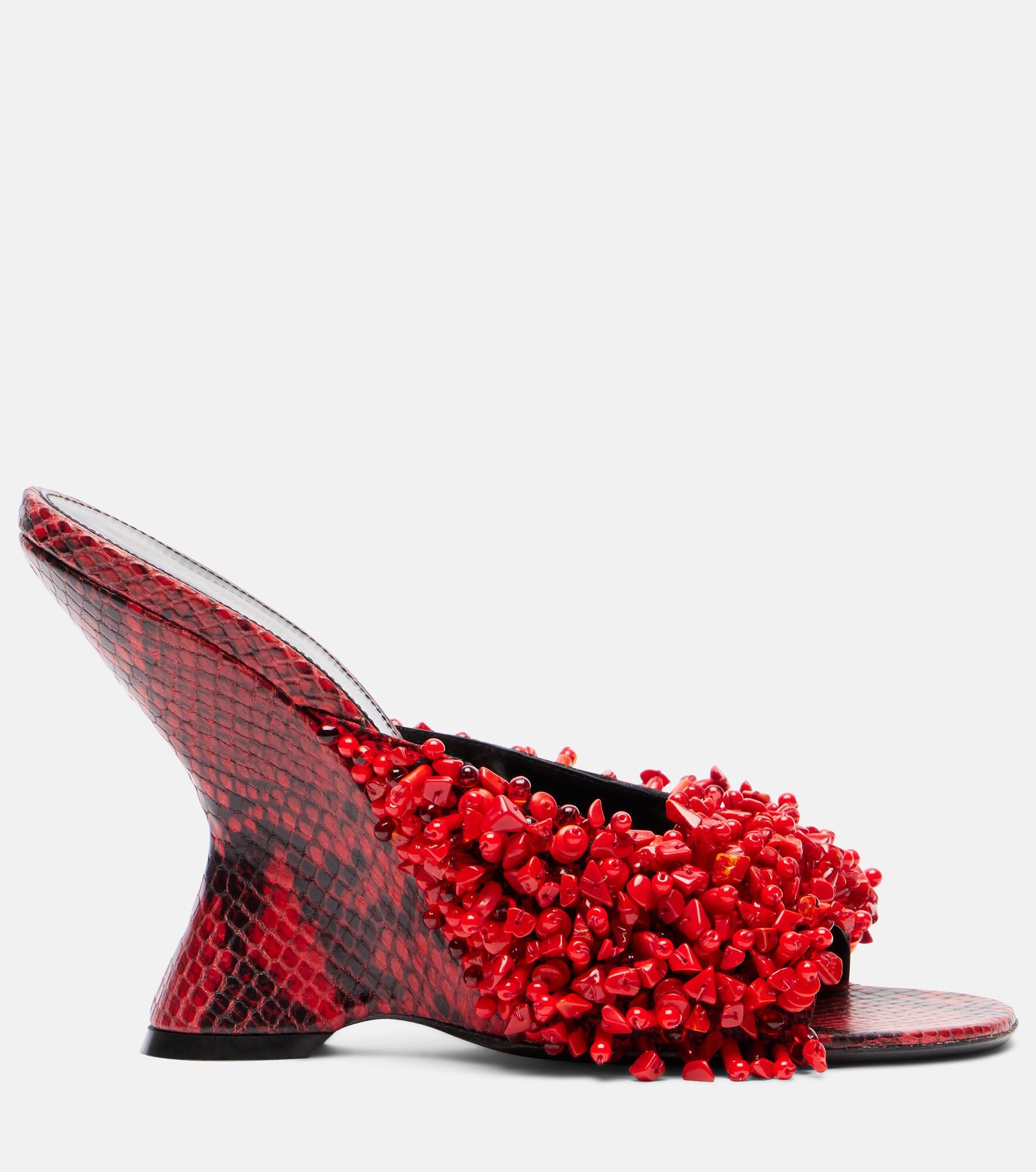 Beaded snake-print leather wedge mules - 4