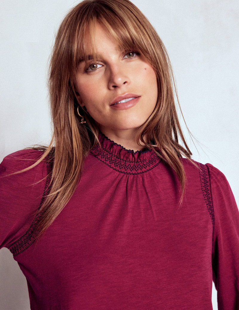 Tia Smocked Neck Jersey Top-Ruby Red 3