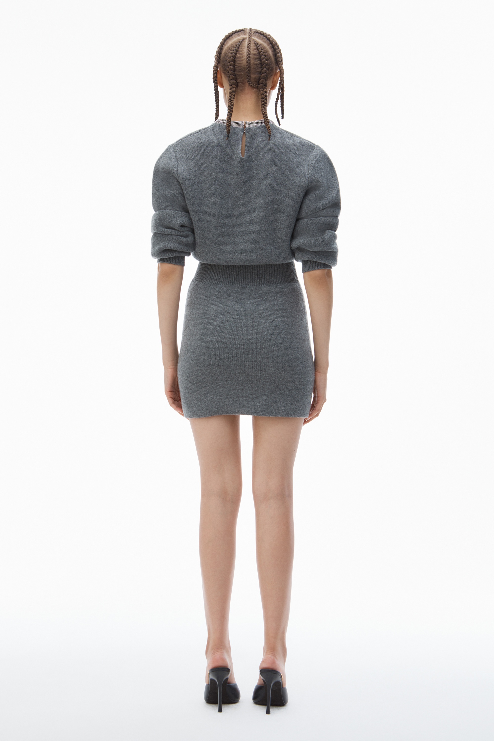Long Sleeve Dress in Wool Blend with Crystal Hotfix Trim - 5