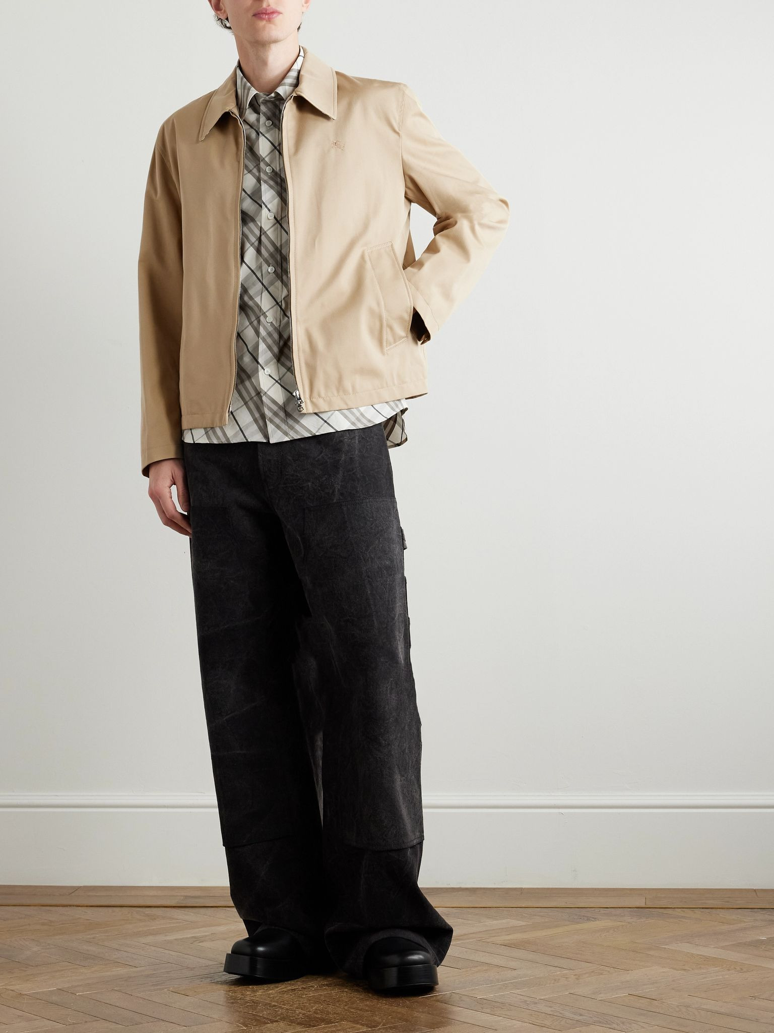Logo-Embroidered Cotton-Gabardine Harrington Jacket Beige - 2