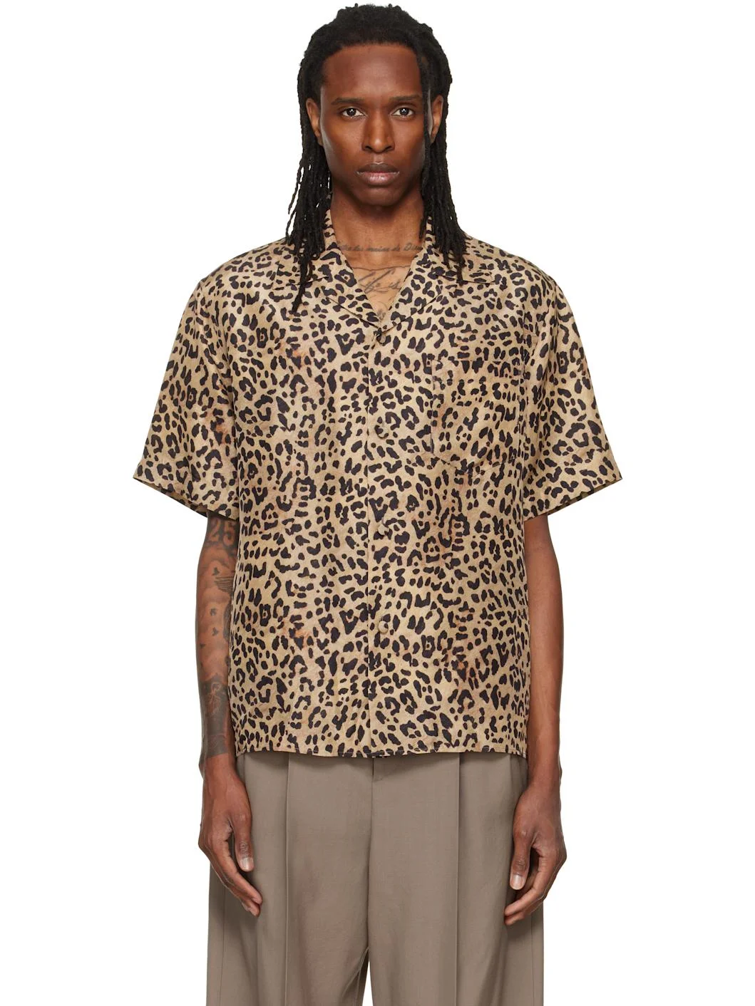 Beige & Black Habotai Silk Bowling Shirt - 1