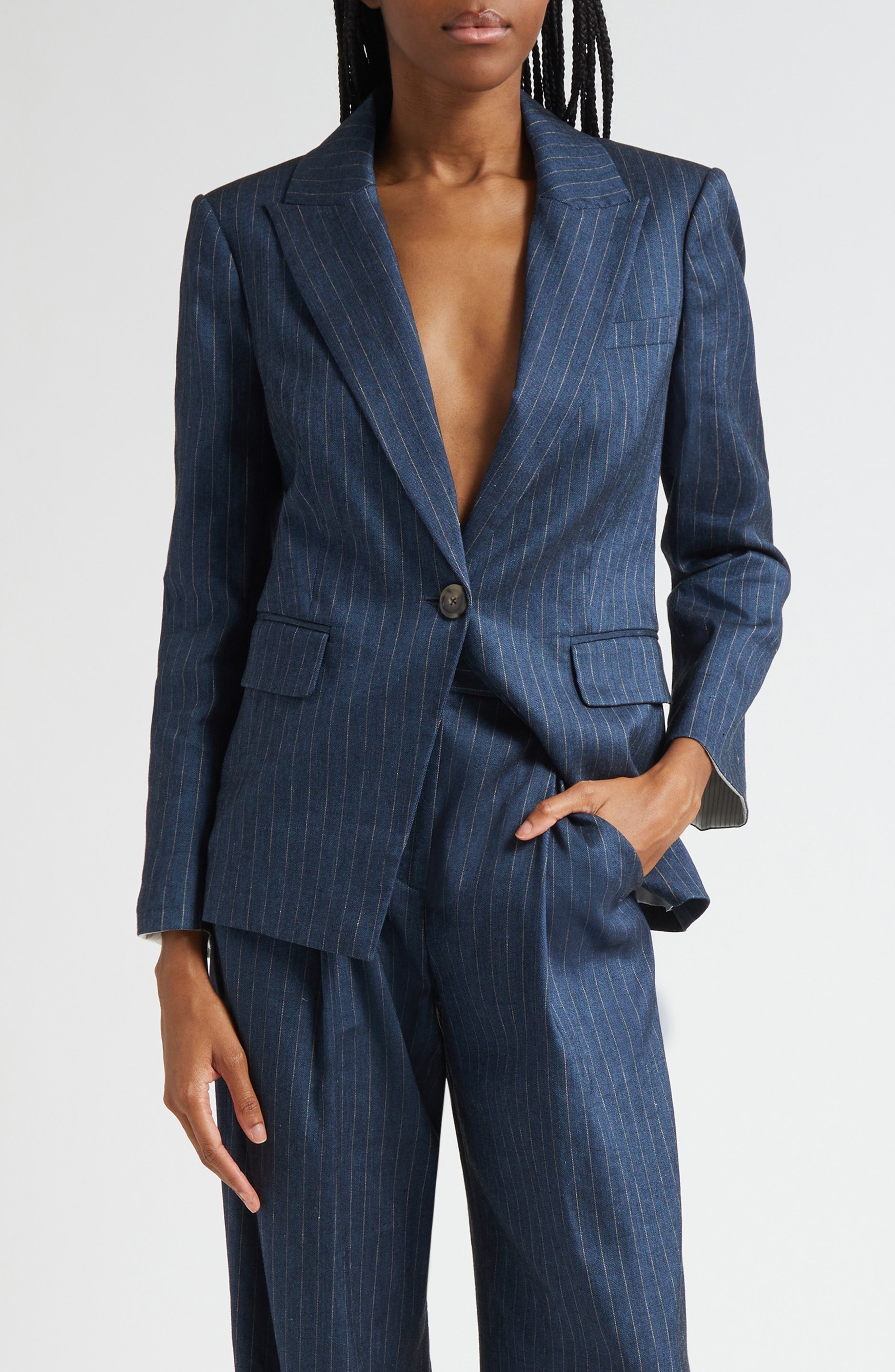 Veronica Beard Obie Pinstripe Linen Blend Dickey Jacket in Blue Dove at Nordstrom - 3
