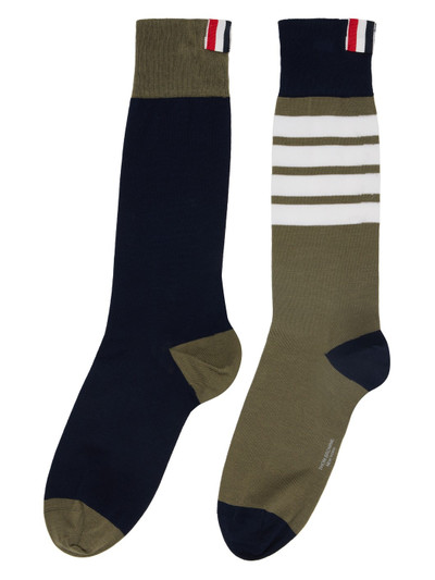 Thom Browne Khaki & Navy Funmix Cotton 4-Bar Socks outlook