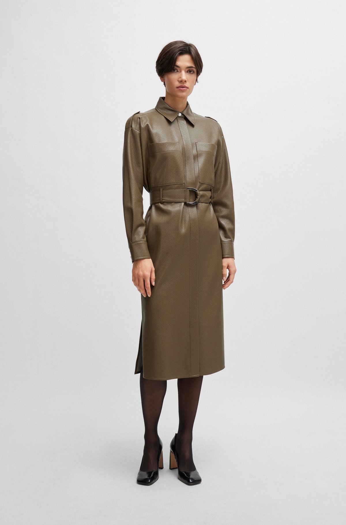 BELTED SHIRT DRESS IN PERFORATED FAUX LEATHER - 3