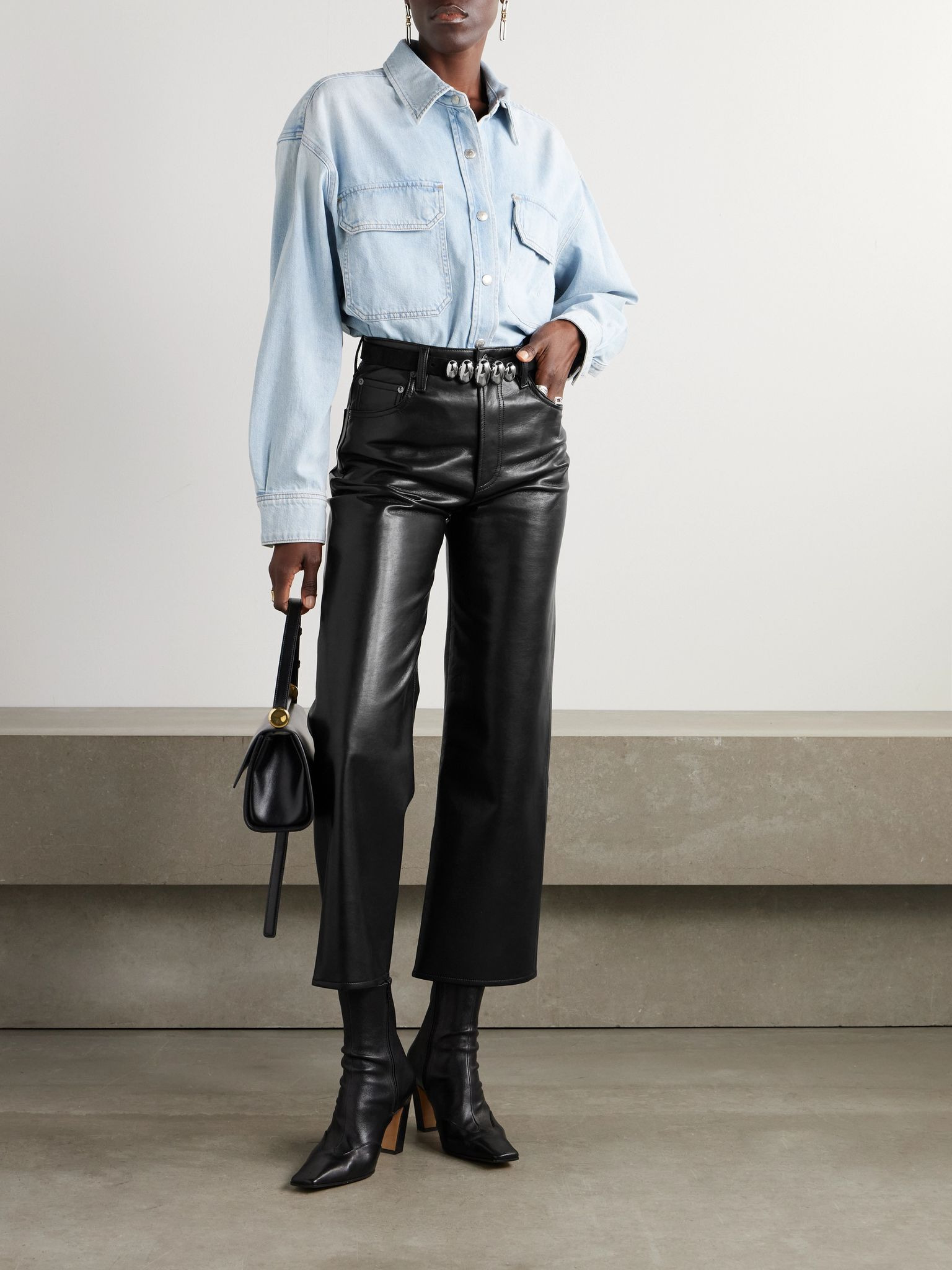 Ren cropped high-rise wide-leg leather pants Black - 2