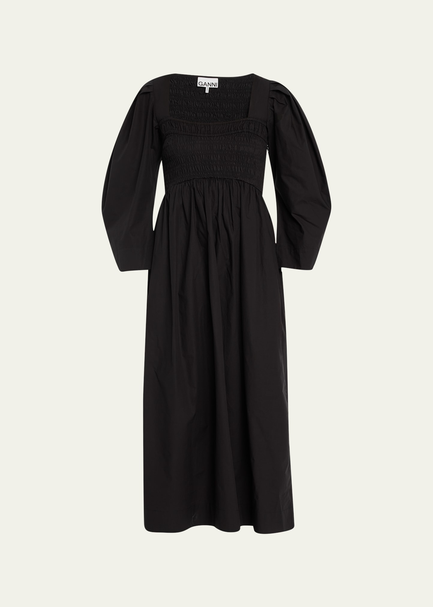 GANNI Smocked Cotton-Poplin Midi Dress | bergdorfgoodman