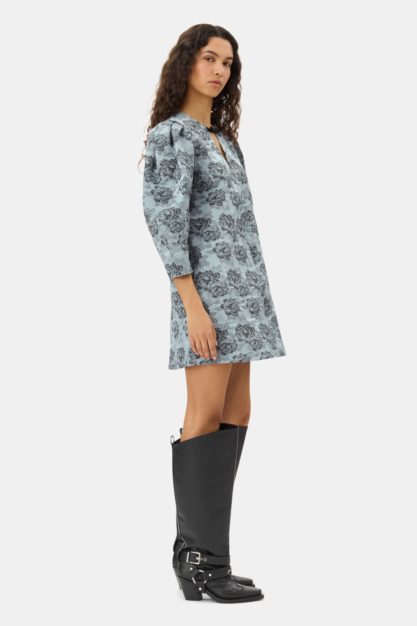 BLUE FLORAL JACQUARD A-LINE MINI DRESS - 4
