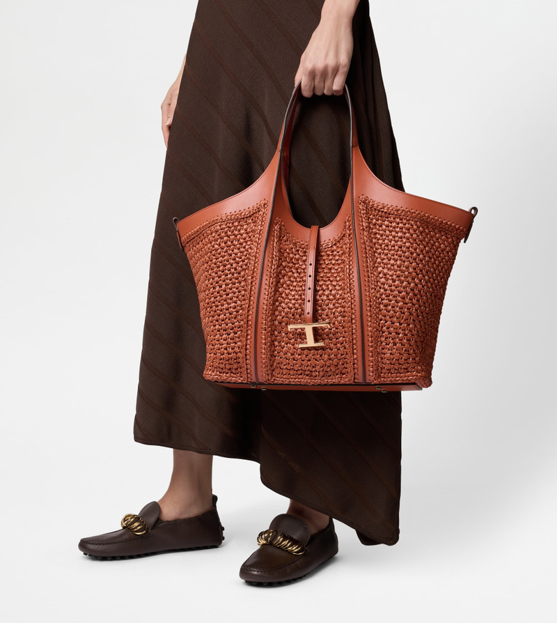 Tod's T TIMELESS SHOPPING BAG IN RAFFIA AND LEATHER MEDIUM - ORANGE outlook