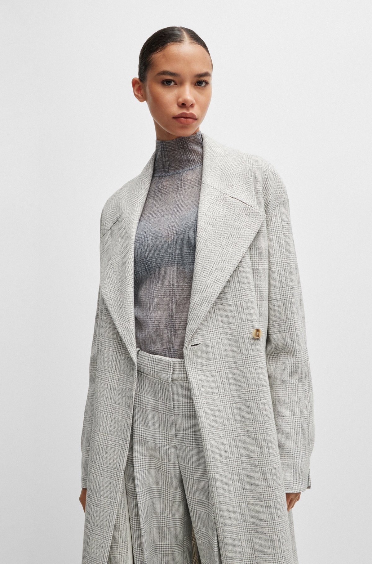 DOUBLE-BREASTED COAT IN CHECKED CREPE WITH PARTIAL LINING - 6