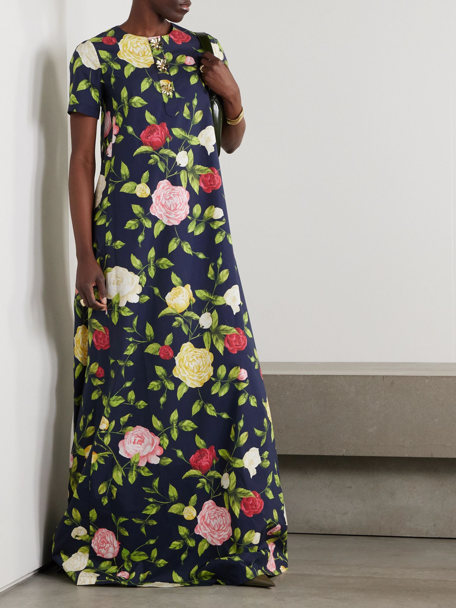 Button-embellished floral-print cotton-blend poplin gown Navy - 2
