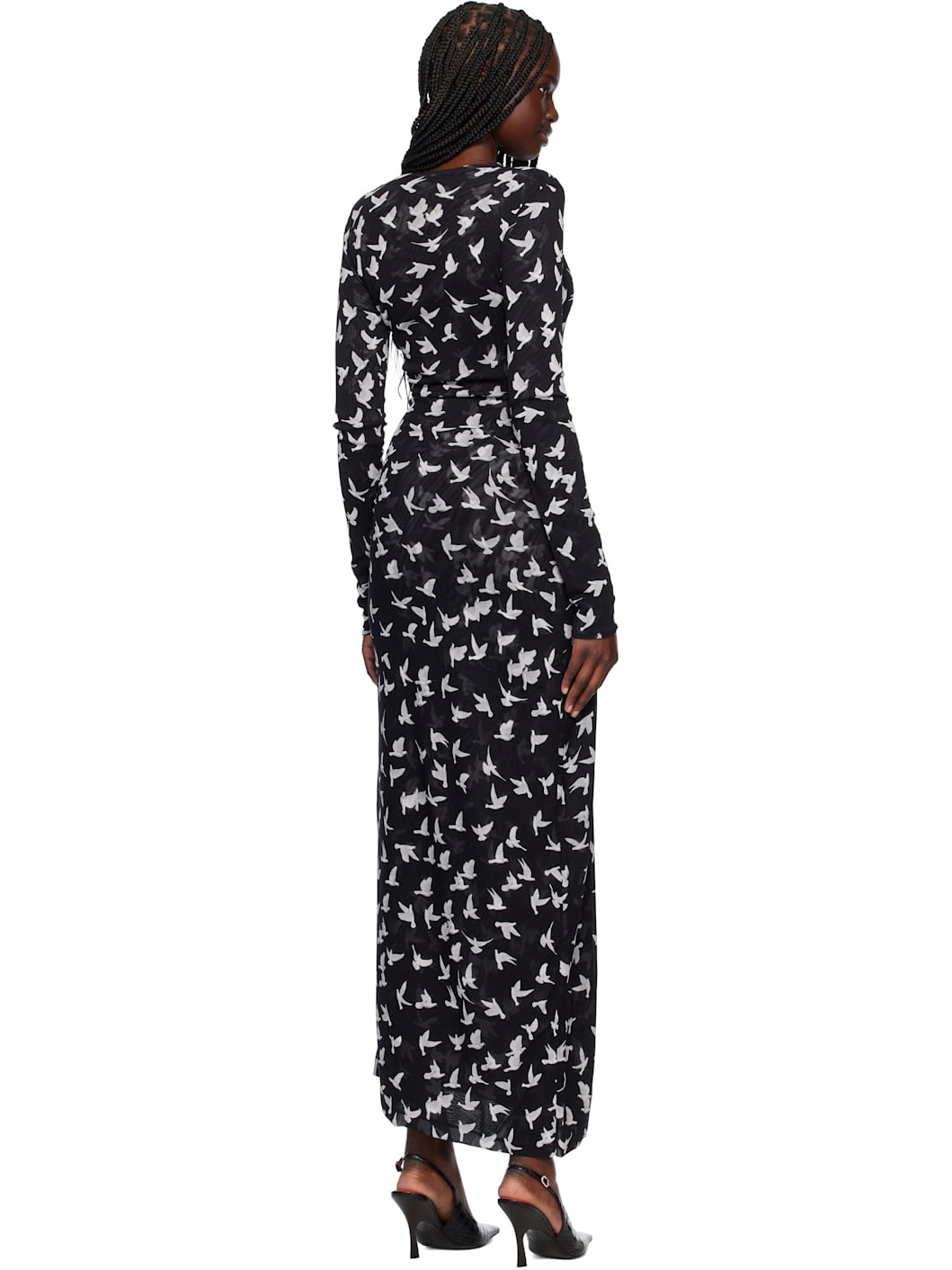 Black Dove Print Mesh Long Sleeve Maxi Dress - 3